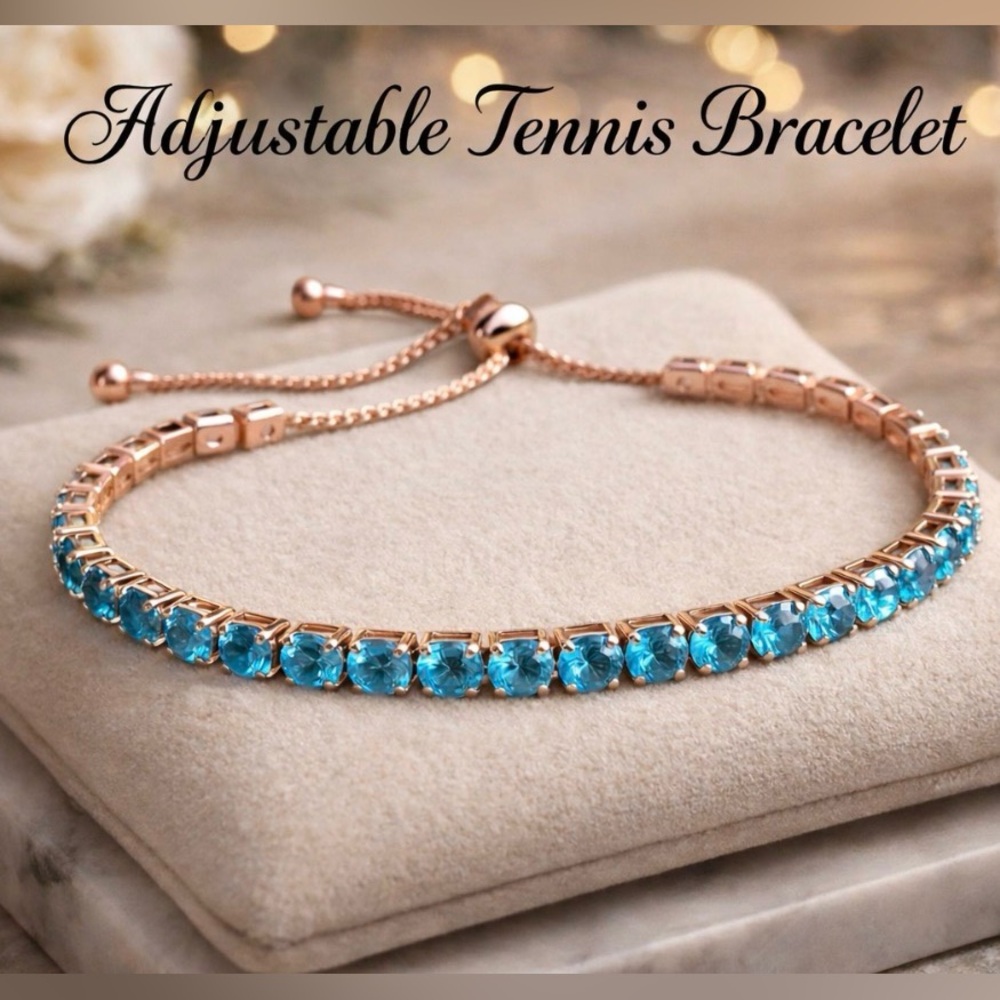 Adjustable Rose Gold Tennis Bracelet with Blue Stones